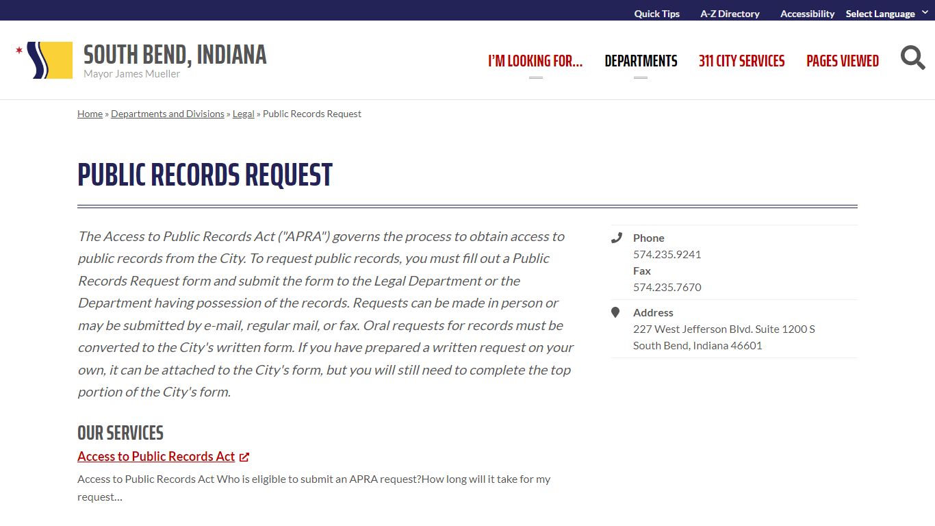 Public Records Request - South Bend, Indiana
